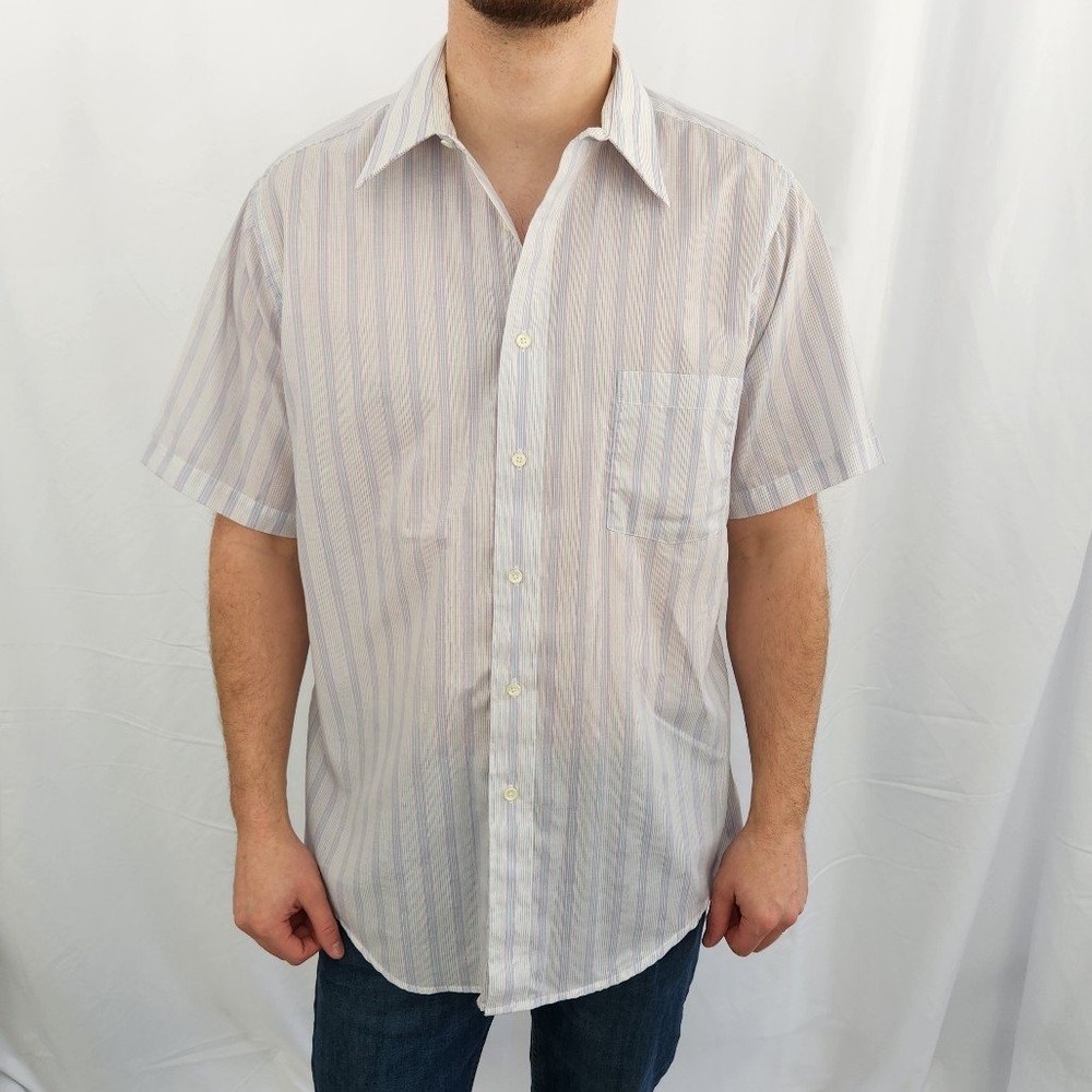 90s‎ White, Purple, and Blue Striped Short Sleeve Button Down